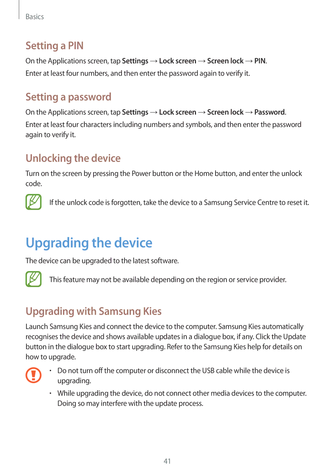 Samsung GT-I9082MBAXFE, GT-I9082EWAXEF manual Upgrading the device, Setting a PIN, Setting a password, Unlocking the device 