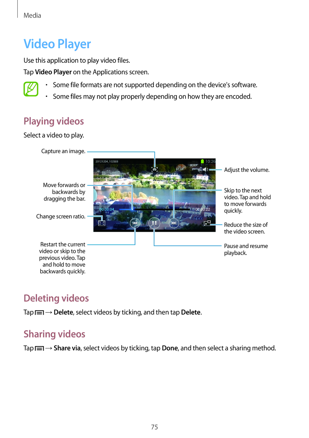 Samsung GT-I9082MBAKSA, GT-I9082EWAXEF, GT-I9082MBABGL, GT-I9082EWAMWD manual Video Player, Deleting videos, Sharing videos 