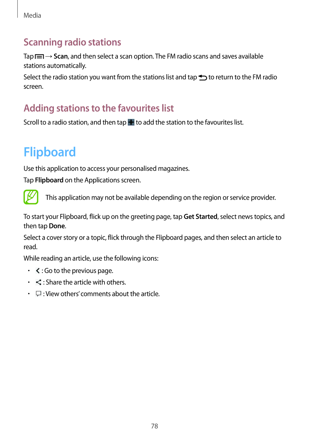 Samsung GT-I9082EWAVVT, GT-I9082EWAXEF manual Flipboard, Scanning radio stations, Adding stations to the favourites list 