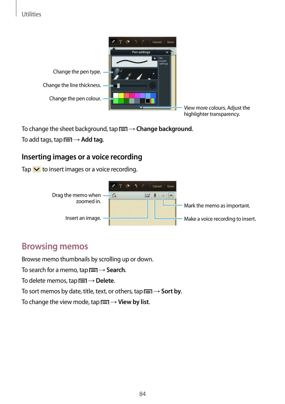 Samsung GT-I9082EWAEUR, GT-I9082EWAXEF, GT-I9082MBABGL, GT-I9082EWAMWD, GT-I9082EWABGL manual Browsing memos, Utilities 