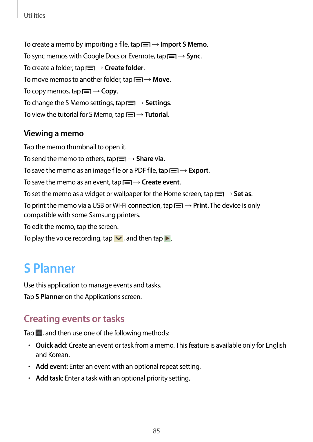 Samsung GT-I9082EWASER, GT-I9082EWAXEF manual Planner, Creating events or tasks, Viewing a memo, →Create folder, →Copy 