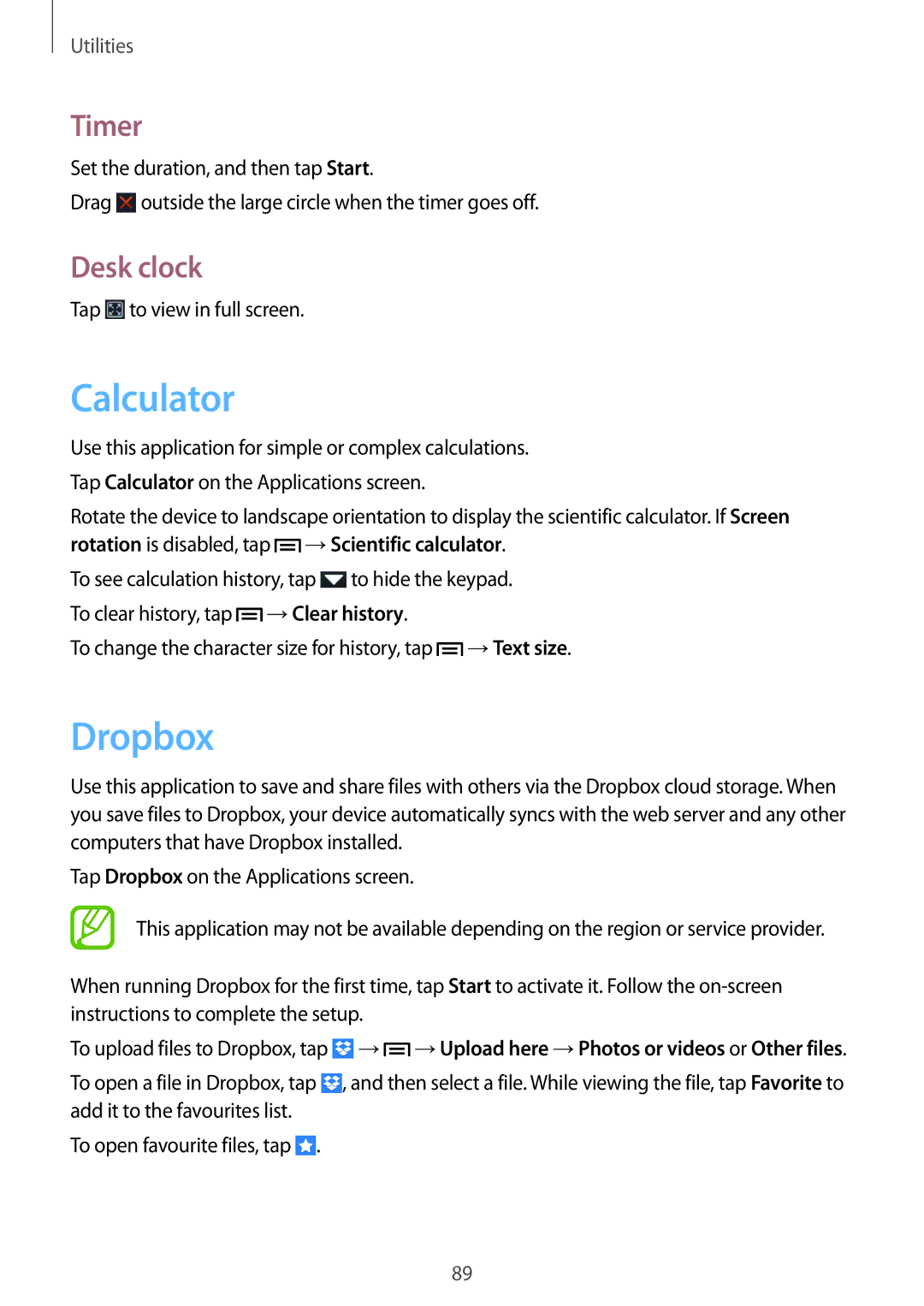 Samsung GT-I9082EWAMWD, GT-I9082EWAXEF, GT-I9082MBABGL, GT-I9082EWABGL, GT-I9082MBAMWD Calculator, Dropbox, Timer, Desk clock 