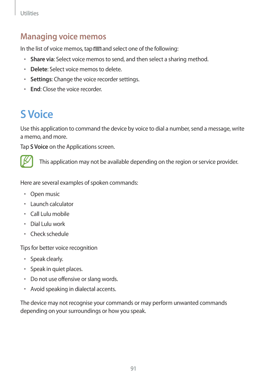 Samsung GT-I9082MBAMWD, GT-I9082EWAXEF, GT-I9082MBABGL, GT-I9082EWAMWD, GT-I9082EWABGL manual Voice, Managing voice memos 