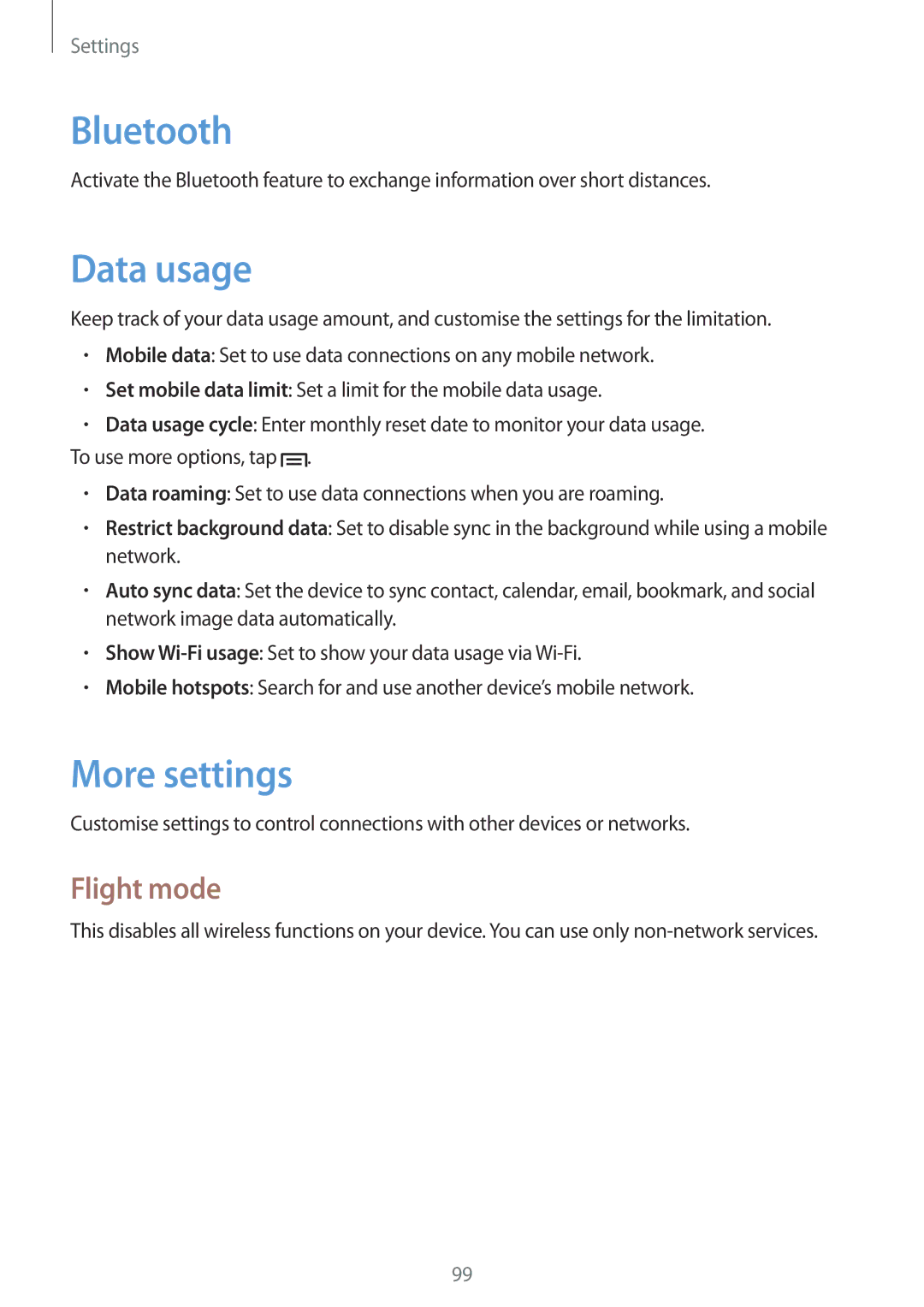 Samsung GT-I9082MBAXFE, GT-I9082EWAXEF, GT-I9082MBABGL, GT-I9082EWAMWD, GT-I9082EWABGL Data usage, More settings, Flight mode 