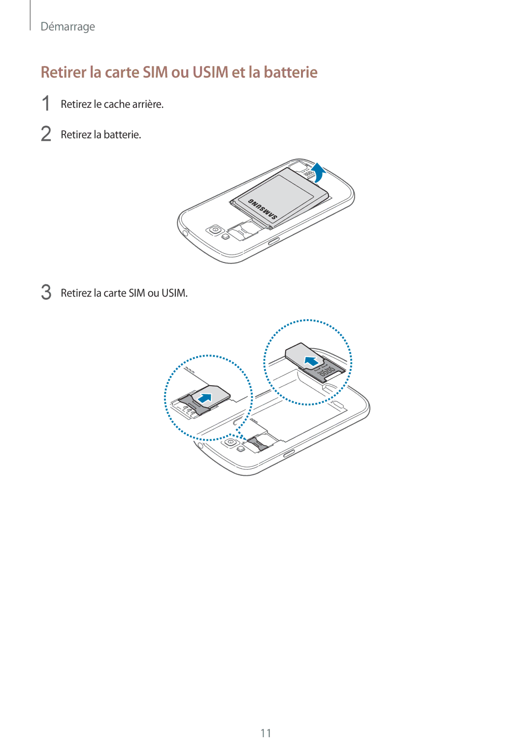 Samsung GT-I9082EWAXEF manual Retirer la carte SIM ou Usim et la batterie 