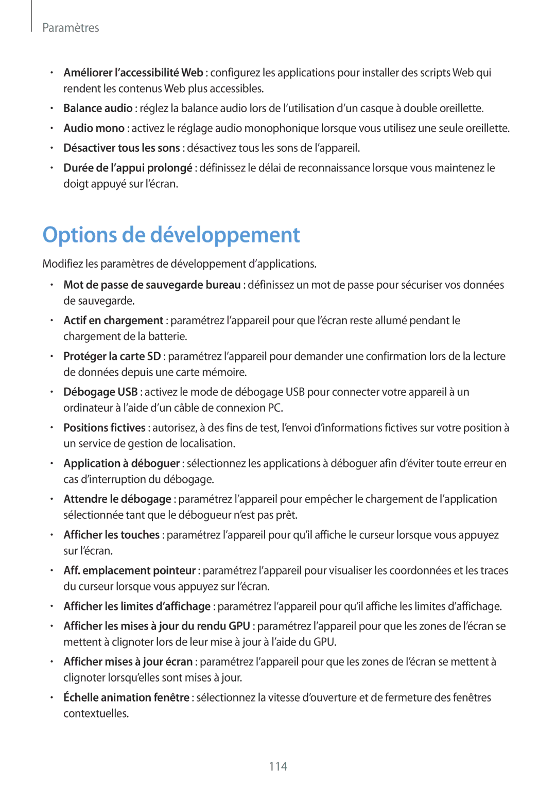 Samsung GT-I9082EWAXEF manual Options de développement 