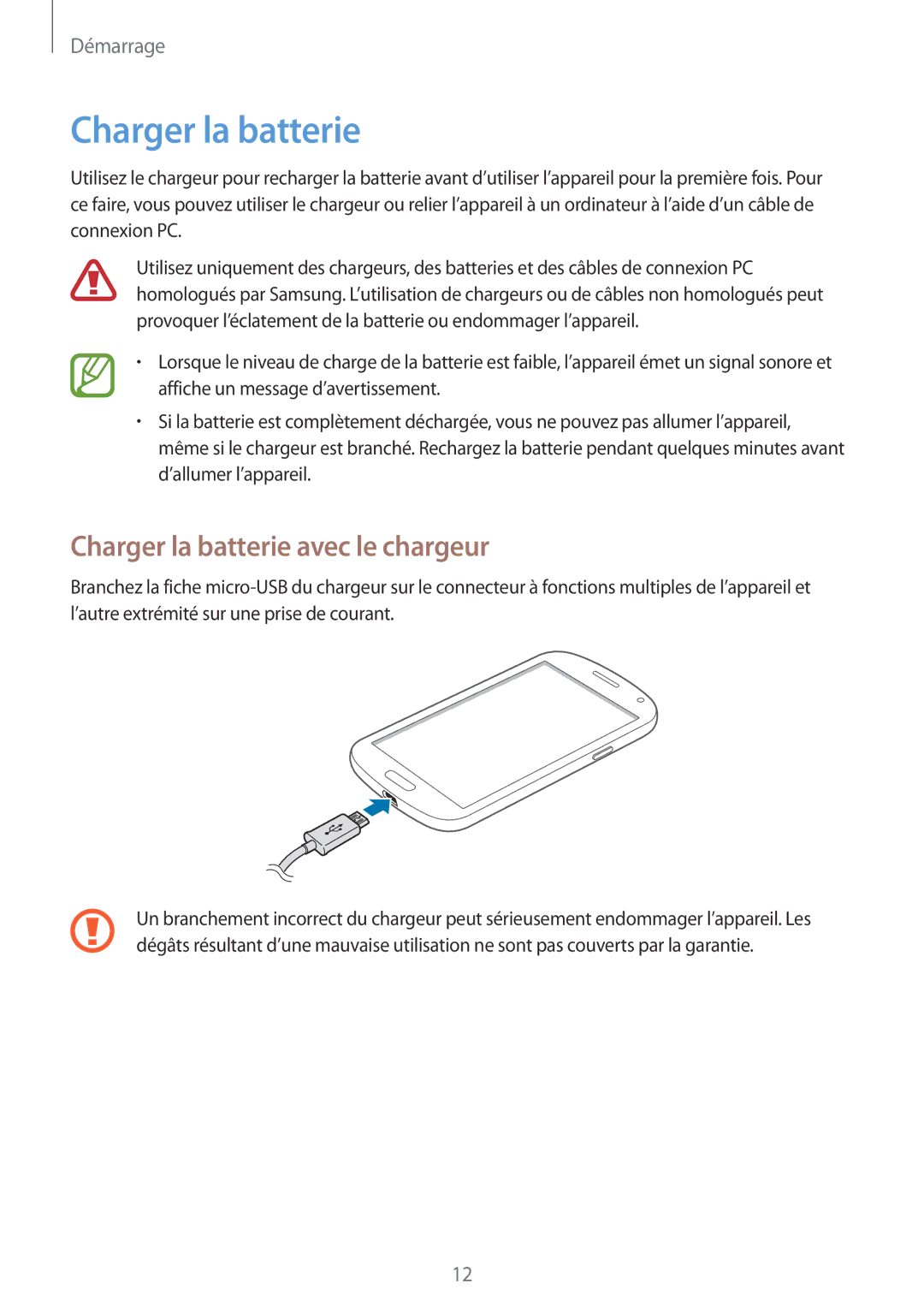 Samsung GT-I9082EWAXEF manual Charger la batterie avec le chargeur 