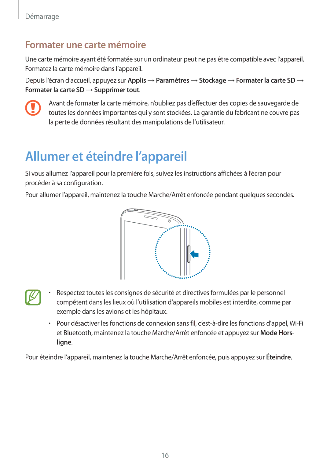 Samsung GT-I9082EWAXEF manual Allumer et éteindre l’appareil, Formater une carte mémoire 