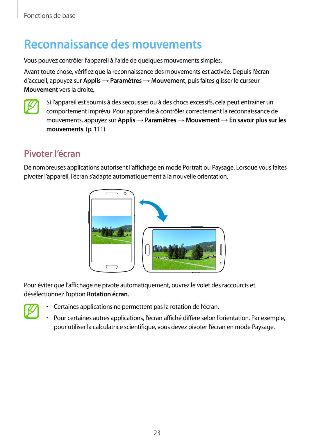 Samsung GT-I9082EWAXEF manual Reconnaissance des mouvements, Pivoter l’écran 