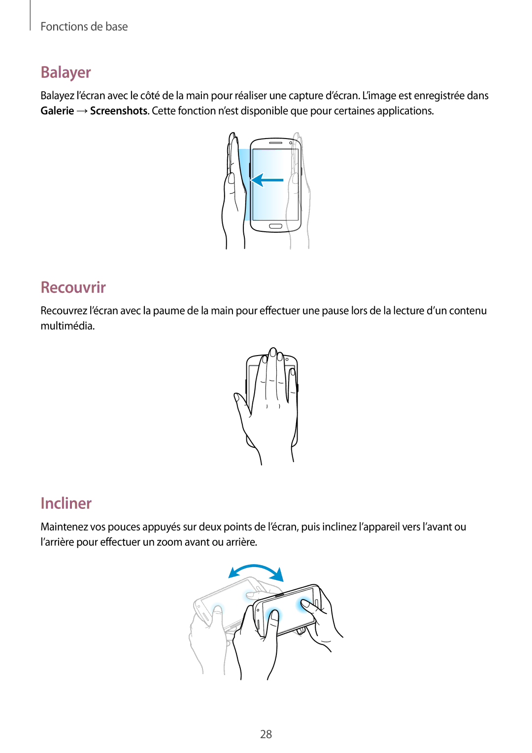 Samsung GT-I9082EWAXEF manual Balayer, Recouvrir, Incliner 