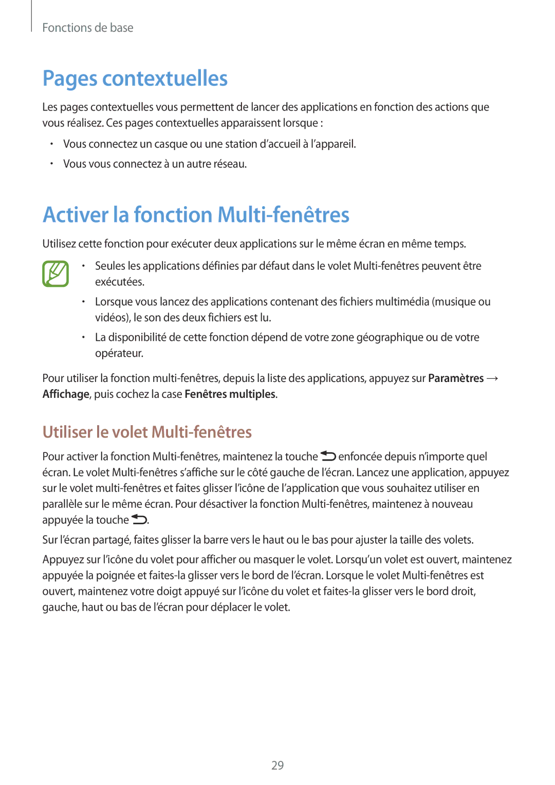 Samsung GT-I9082EWAXEF manual Pages contextuelles, Activer la fonction Multi-fenêtres, Utiliser le volet Multi-fenêtres 