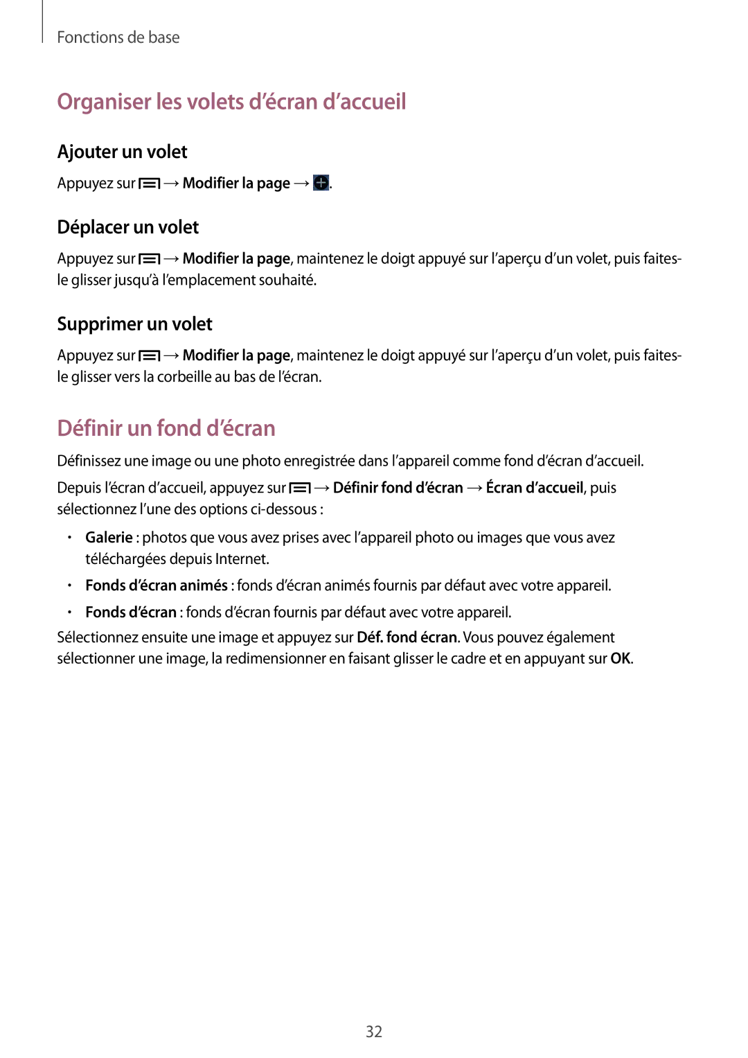 Samsung GT-I9082EWAXEF manual Organiser les volets d’écran d’accueil, Définir un fond d’écran, Ajouter un volet 