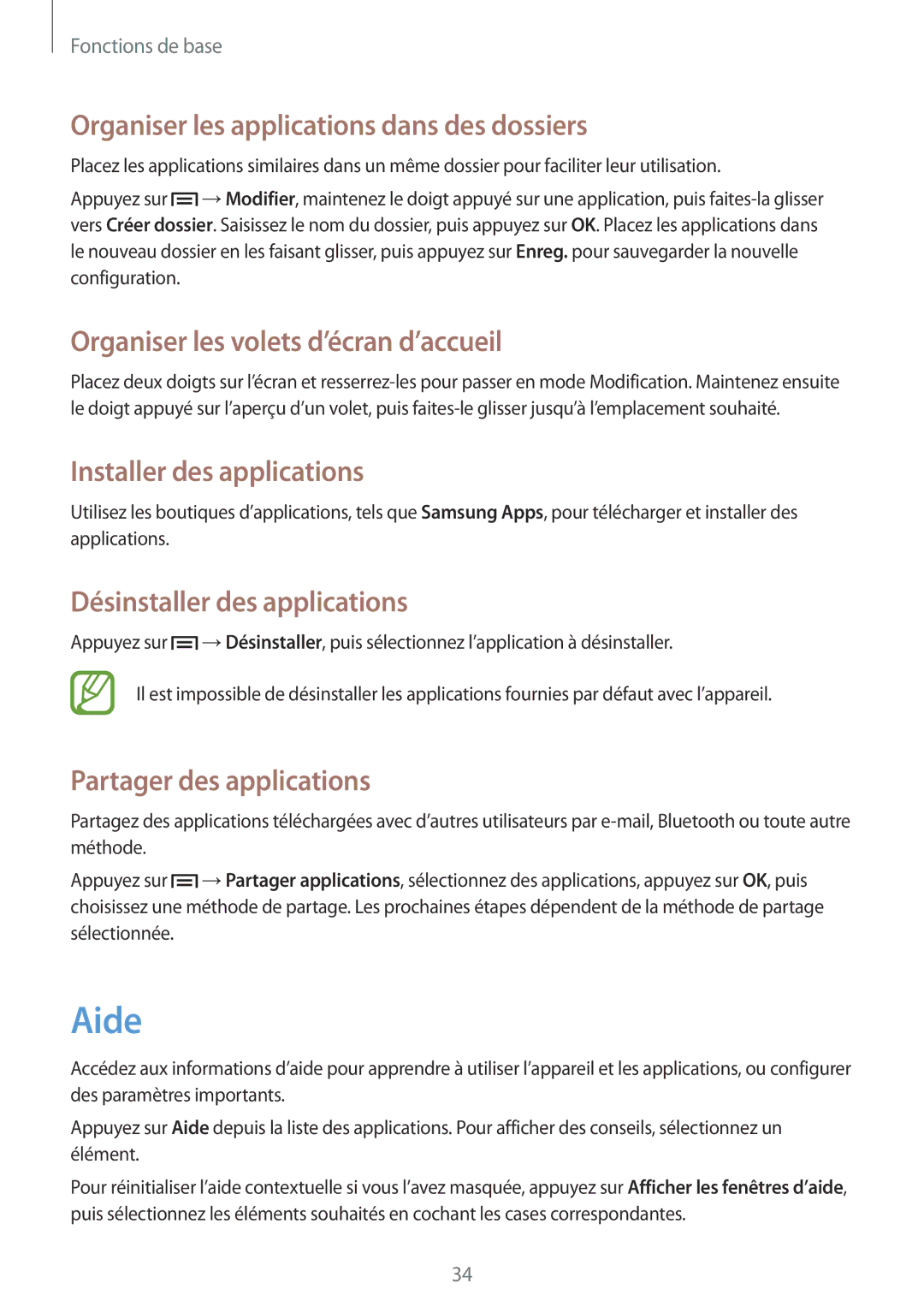 Samsung GT-I9082EWAXEF manual Aide, Organiser les applications dans des dossiers, Installer des applications 