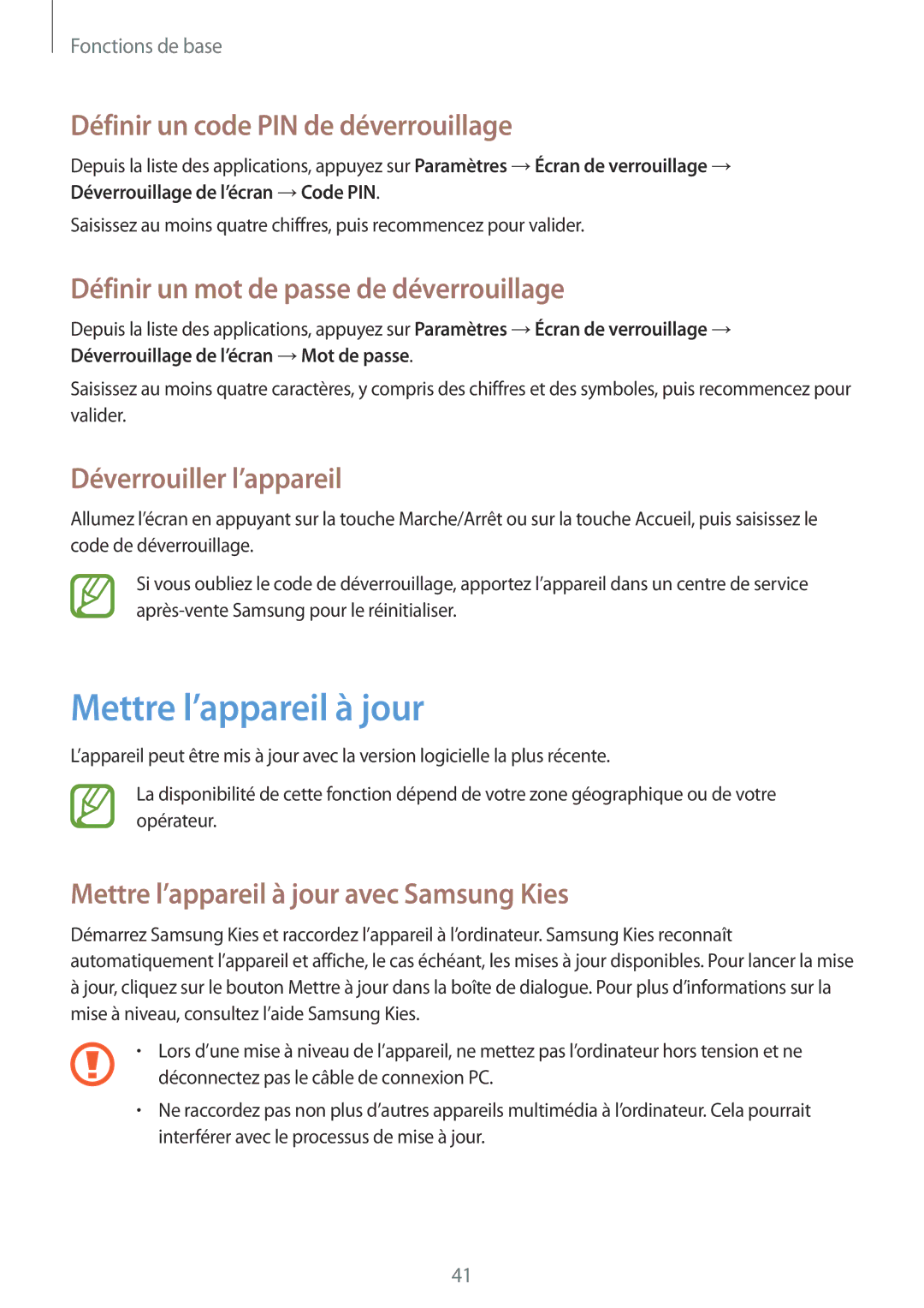 Samsung GT-I9082EWAXEF manual Mettre l’appareil à jour, Définir un code PIN de déverrouillage, Déverrouiller l’appareil 