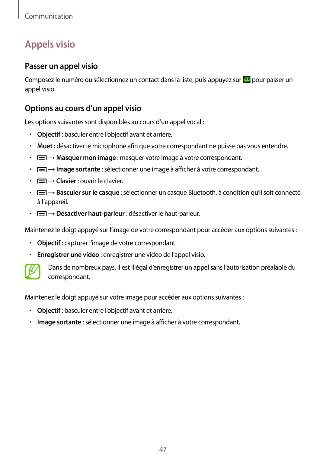 Samsung GT-I9082EWAXEF manual Appels visio, Passer un appel visio, Options au cours d’un appel visio 