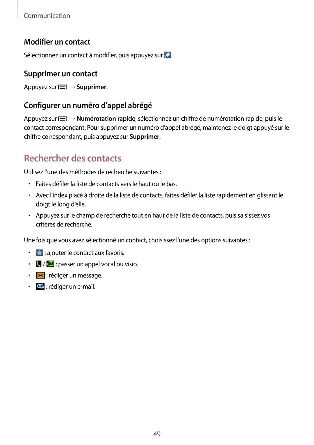 Samsung GT-I9082EWAXEF manual Rechercher des contacts, Modifier un contact, Supprimer un contact 