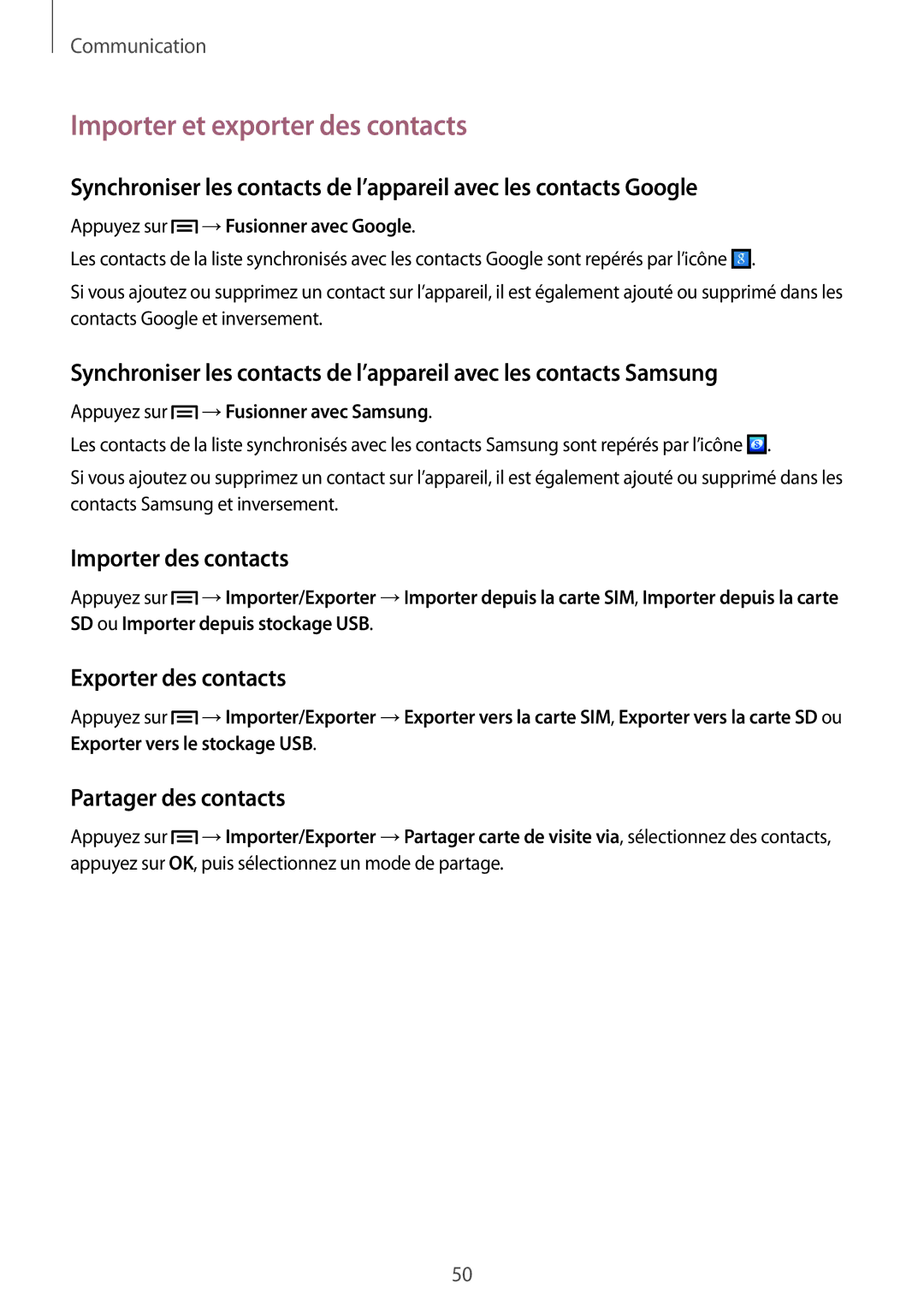 Samsung GT-I9082EWAXEF manual Importer et exporter des contacts, Importer des contacts, Exporter des contacts 