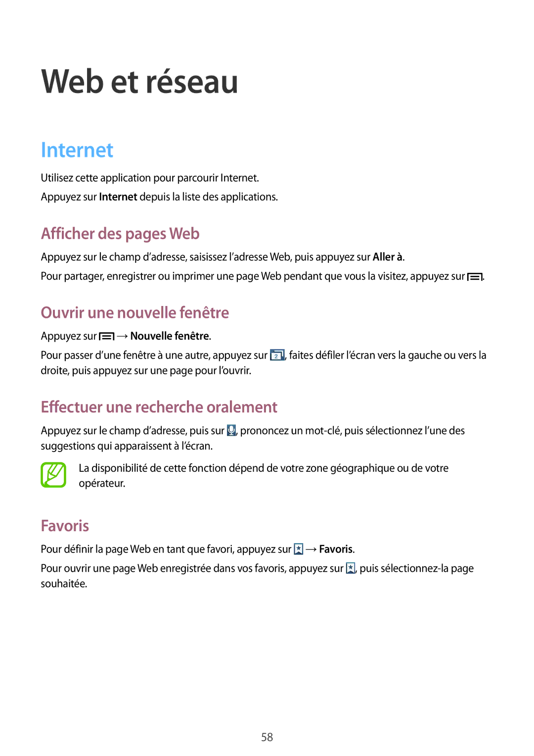 Samsung GT-I9082EWAXEF Internet, Afficher des pages Web, Ouvrir une nouvelle fenêtre, Effectuer une recherche oralement 