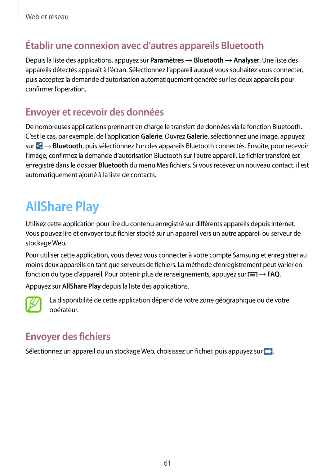 Samsung GT-I9082EWAXEF manual AllShare Play, Établir une connexion avec d’autres appareils Bluetooth, Envoyer des fichiers 