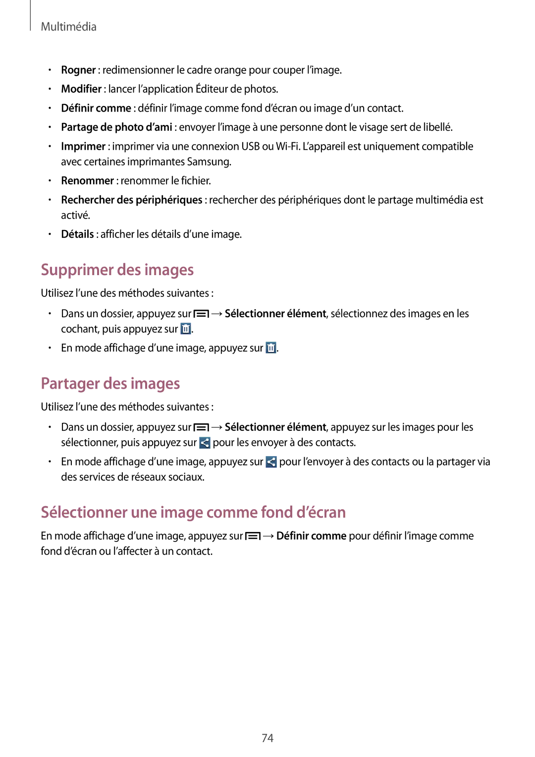 Samsung GT-I9082EWAXEF manual Supprimer des images, Partager des images, Sélectionner une image comme fond d’écran 