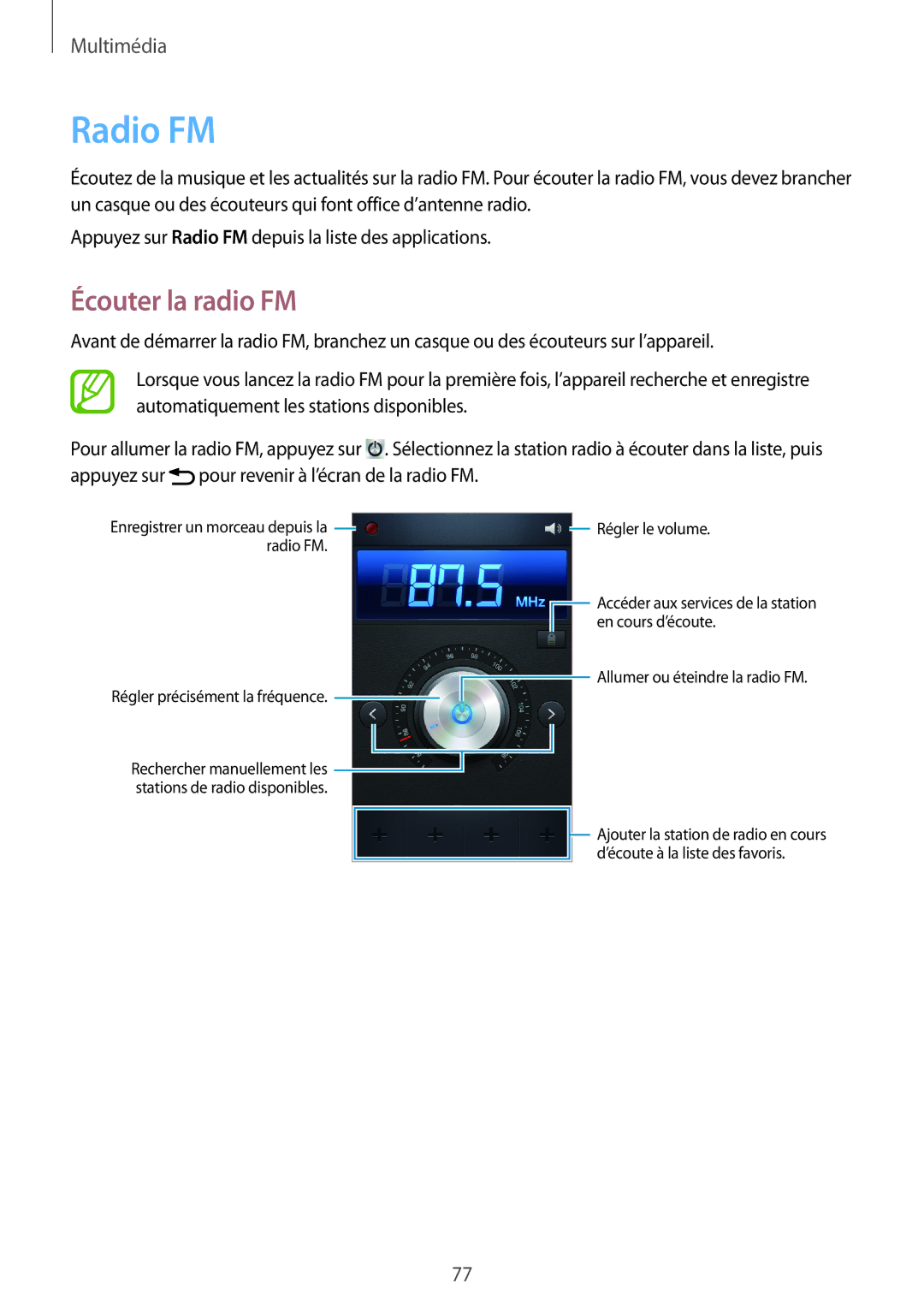 Samsung GT-I9082EWAXEF manual Radio FM, Écouter la radio FM 