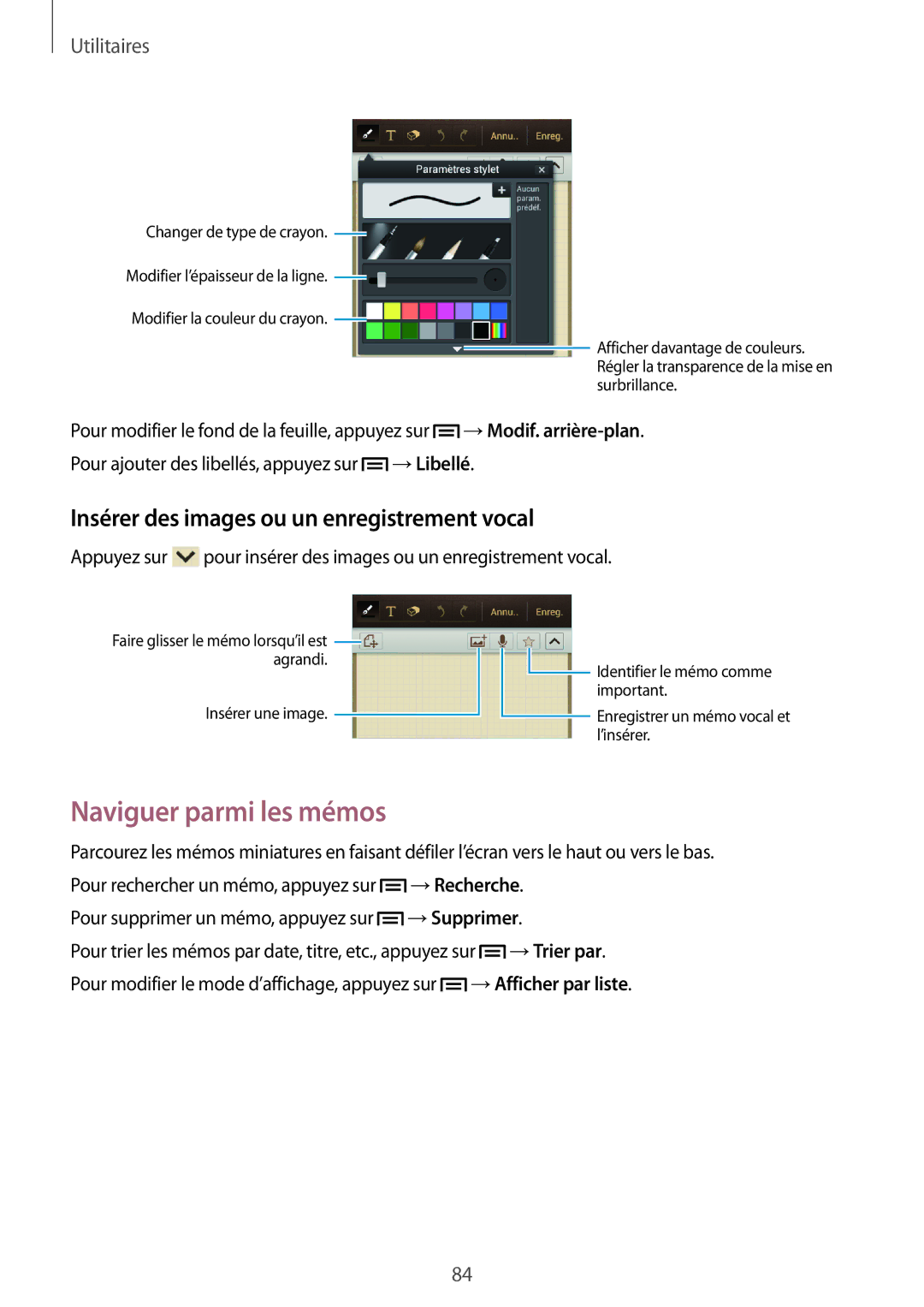 Samsung GT-I9082EWAXEF manual Naviguer parmi les mémos, Insérer des images ou un enregistrement vocal 