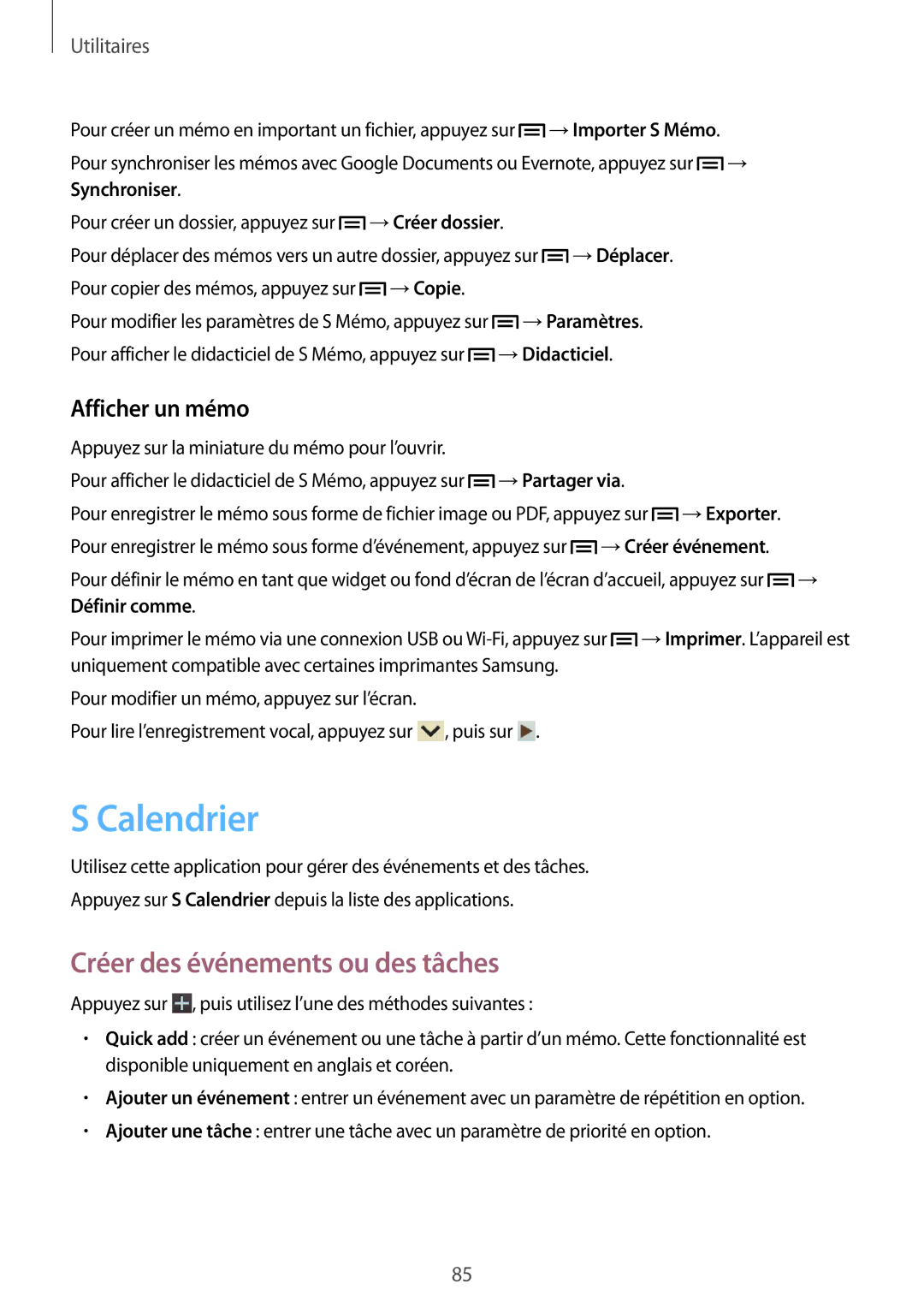 Samsung GT-I9082EWAXEF manual Calendrier, Créer des événements ou des tâches, Afficher un mémo 