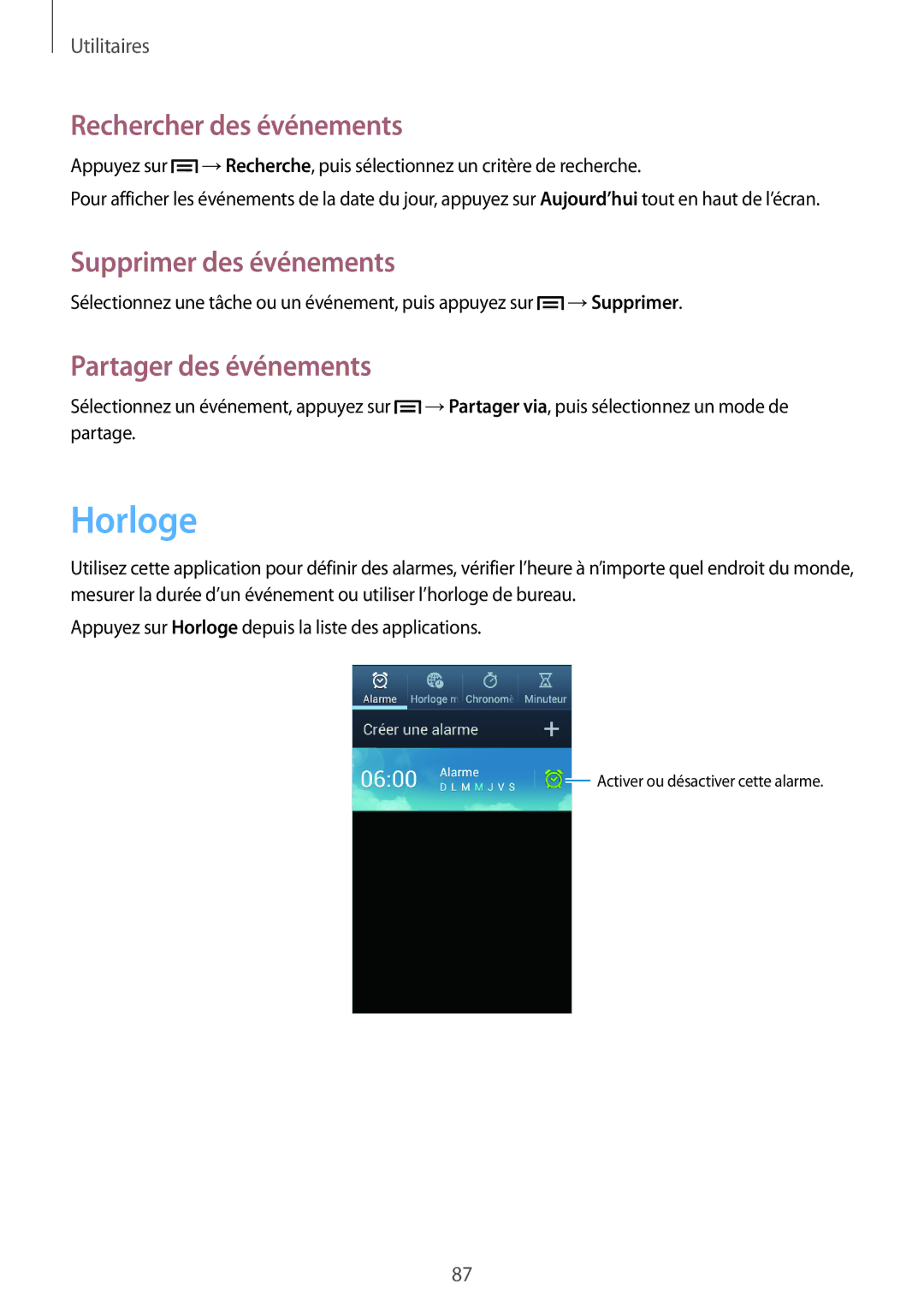 Samsung GT-I9082EWAXEF manual Horloge, Rechercher des événements, Supprimer des événements, Partager des événements 