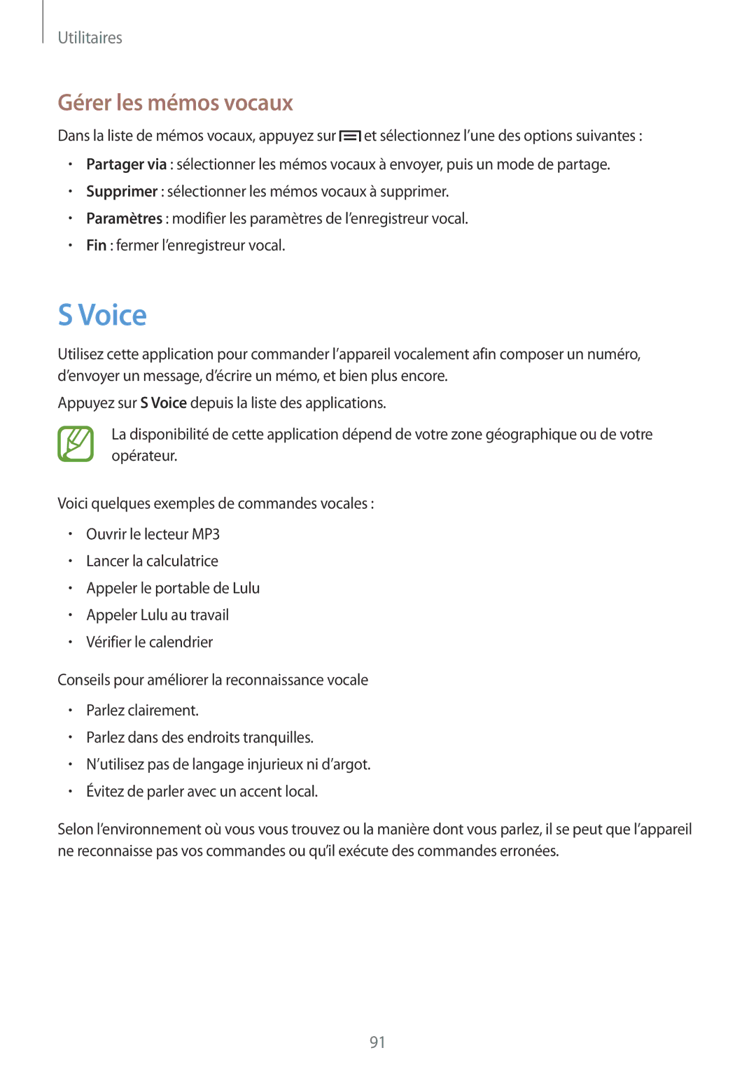 Samsung GT-I9082EWAXEF manual Voice, Gérer les mémos vocaux 