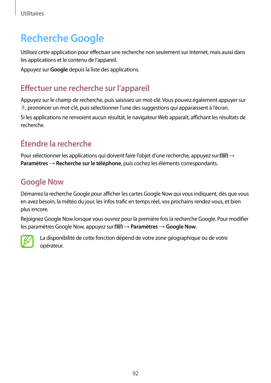 Samsung GT-I9082EWAXEF manual Recherche Google, Effectuer une recherche sur l’appareil, Étendre la recherche, Google Now 