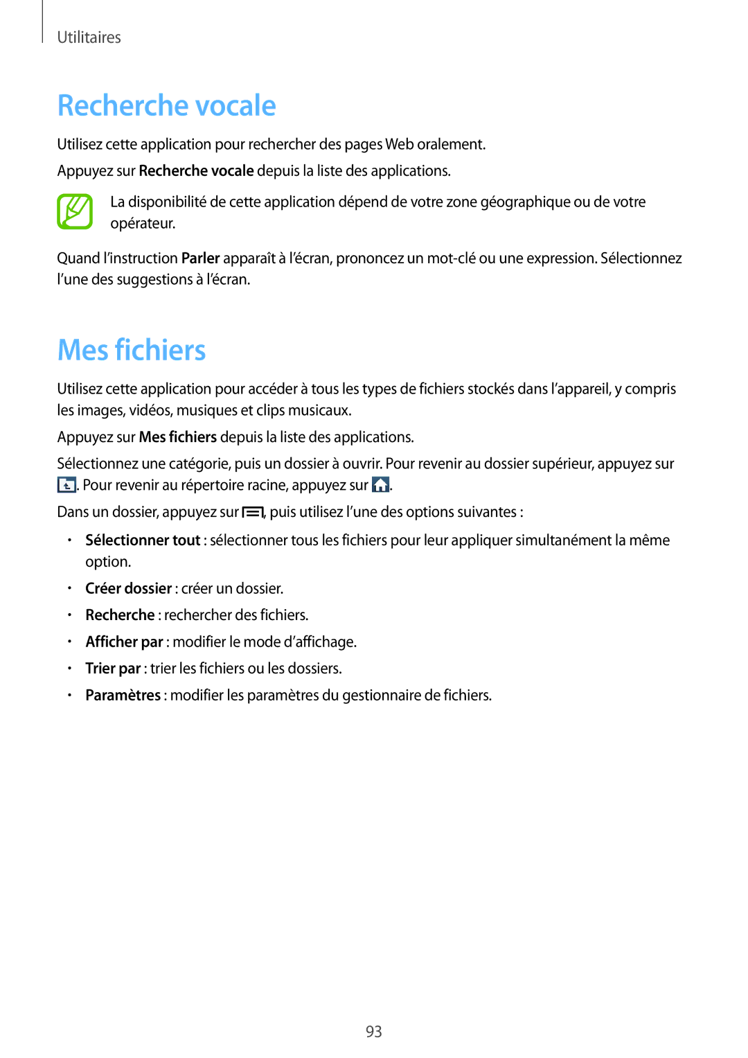 Samsung GT-I9082EWAXEF manual Recherche vocale, Mes fichiers 
