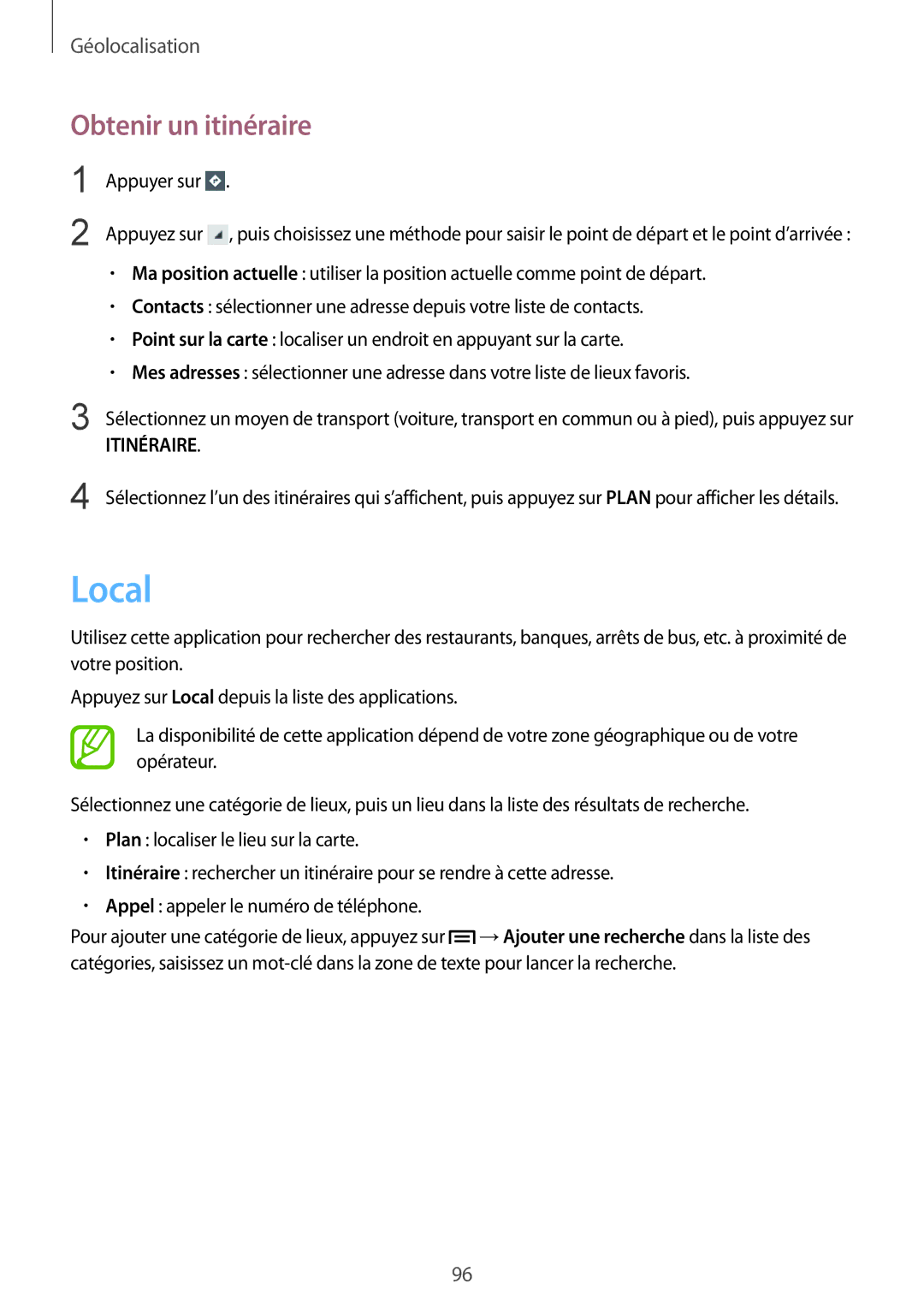 Samsung GT-I9082EWAXEF manual Local, Obtenir un itinéraire 