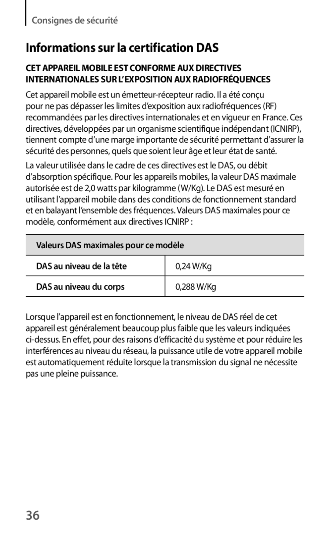 Samsung GT-I9082EWAXEF manual Informations sur la certification DAS 