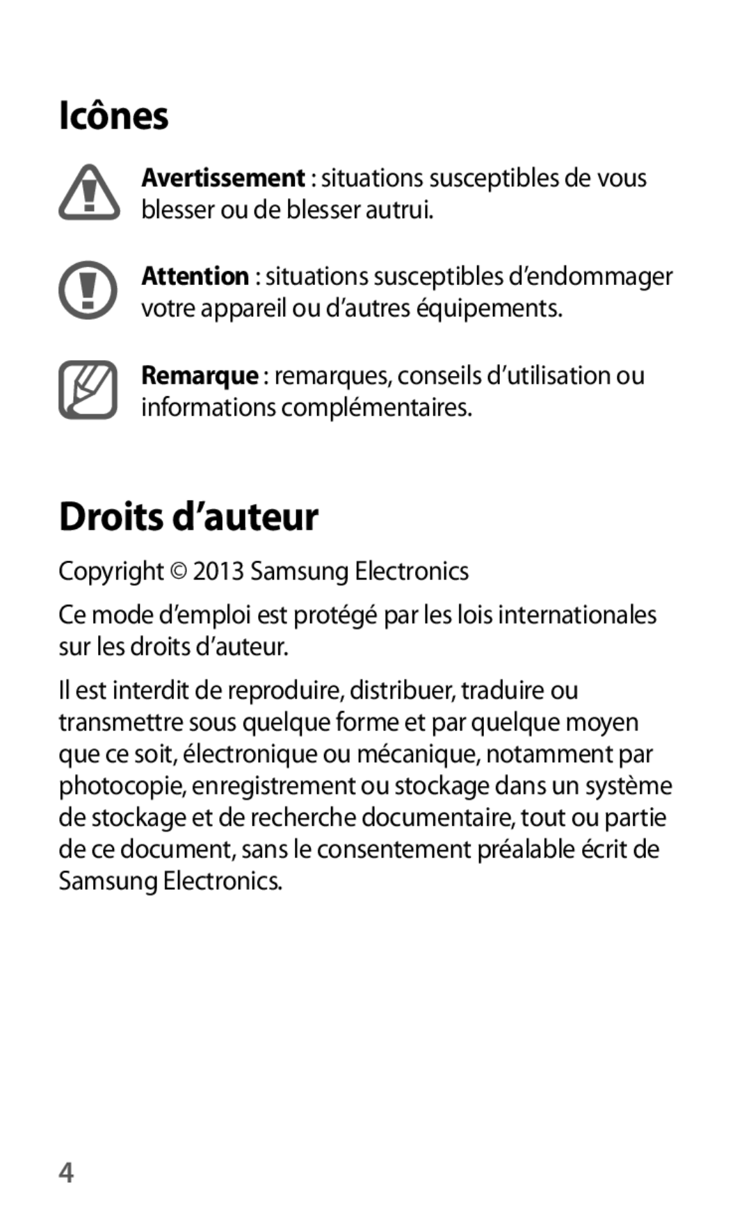 Samsung GT-I9082EWAXEF manual Icônes, Droits d’auteur 