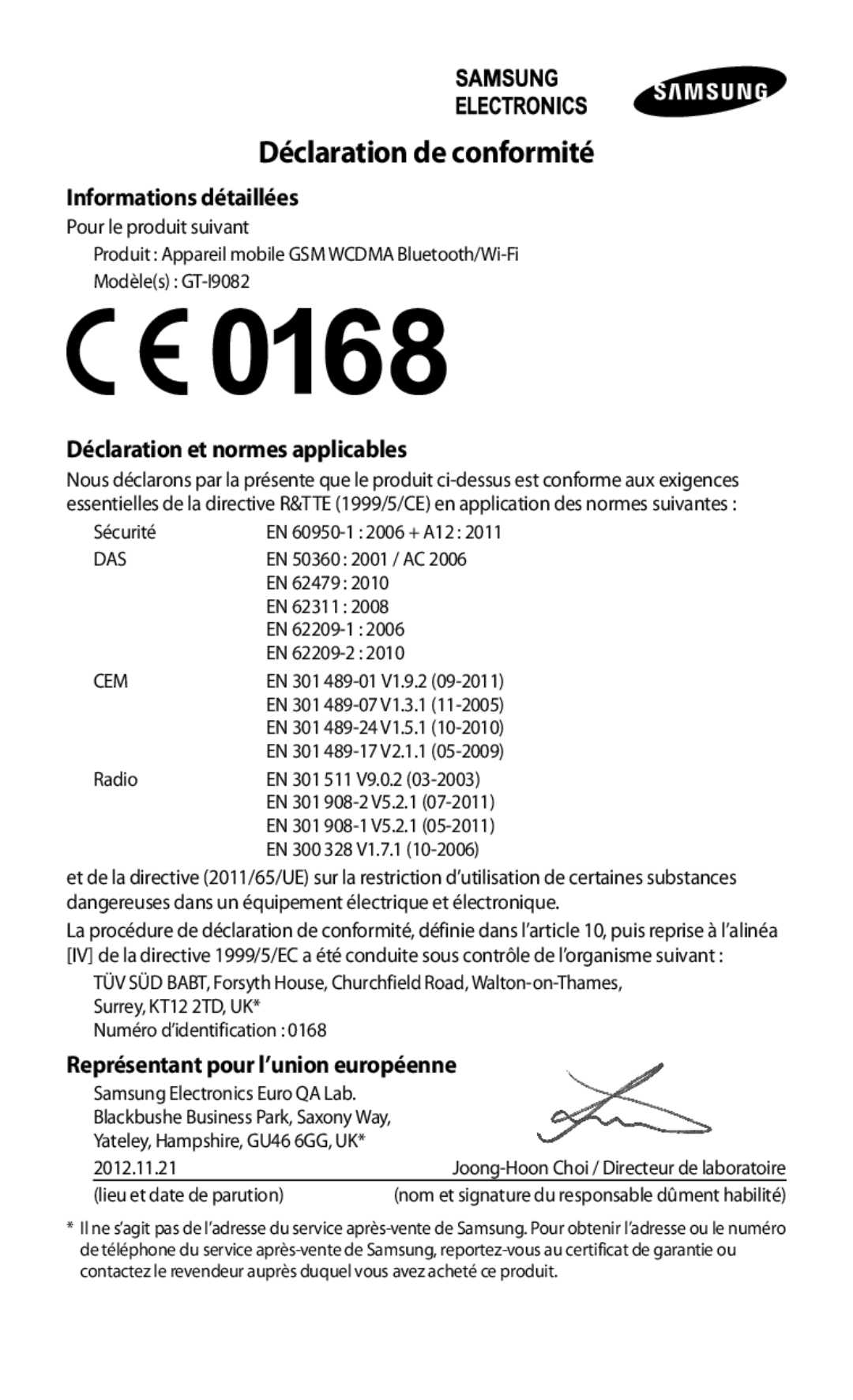 Samsung GT-I9082EWAXEF manual Déclaration de conformité 