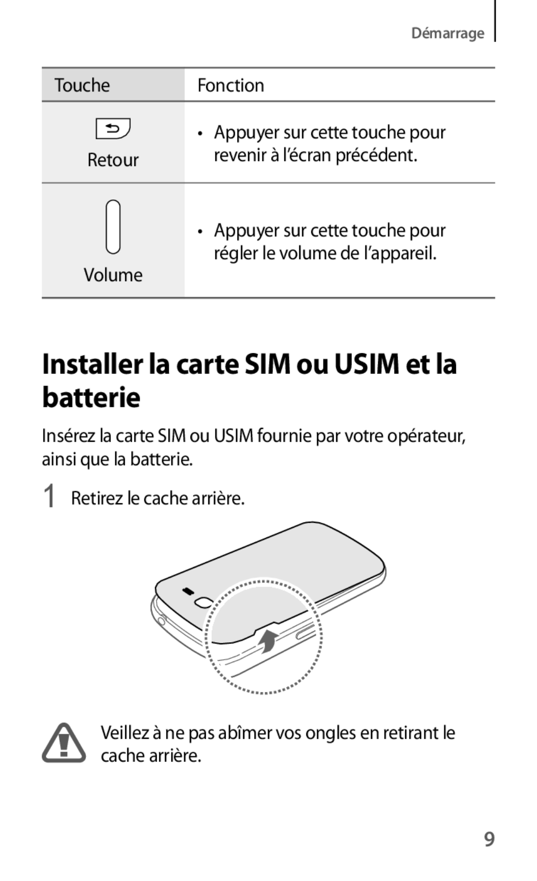 Samsung GT-I9082EWAXEF manual Installer la carte SIM ou Usim et la batterie 