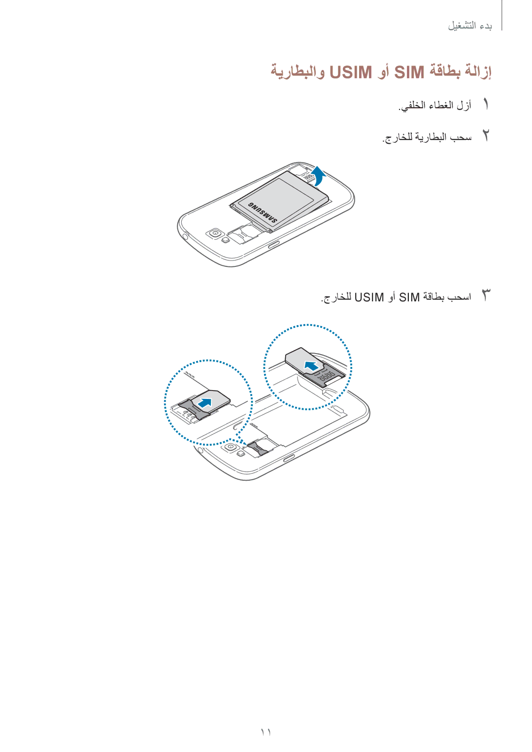 Samsung GT-I9082EWAJED, GT-I9082EWAXFE, GT-I9082MBAXFE, GT-I9082EWAMID, GT-I9082MBAJED manual ةيراطبلاو Usim وأ SIM ةقاطب ةلازإ 