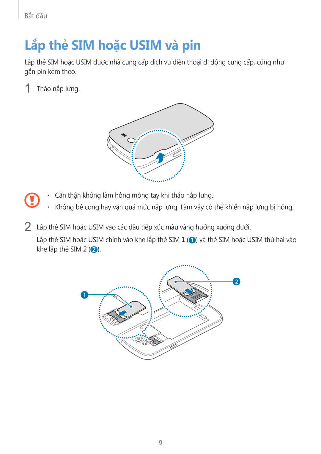 Samsung GT-I9082MBAXXV, GT-I9082EWAXXV manual Lắp thẻ SIM hoặc Usim và pin 