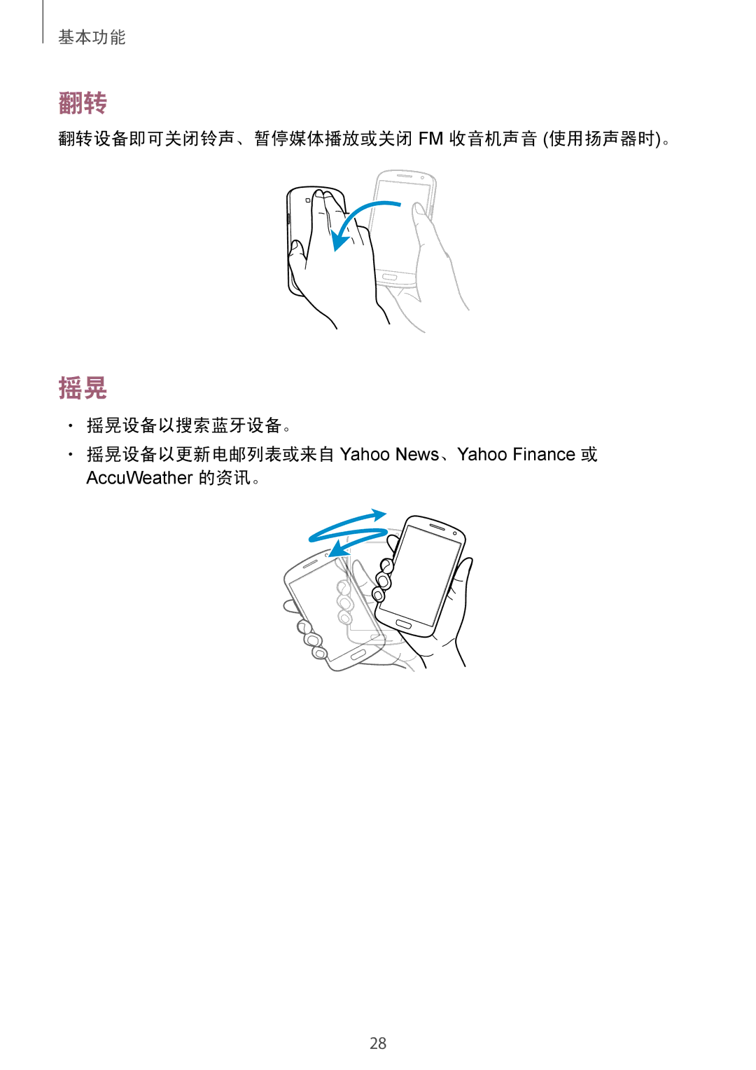 Samsung GT-I9082EWAXXV, GT-I9082MBAXXV manual 翻转设备即可关闭铃声、暂停媒体播放或关闭 Fm 收音机声音 使用扬声器时。 摇晃设备以搜索蓝牙设备。 