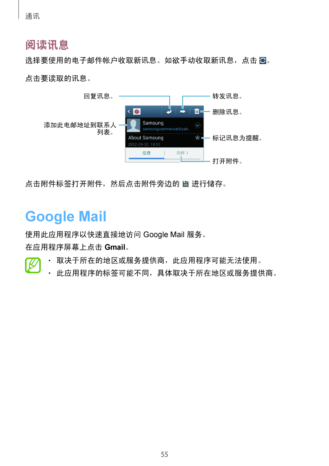 Samsung GT-I9082MBAXXV manual Google Mail, 阅读讯息, 选择要使用的电子邮件帐户收取新讯息。如欲手动收取新讯息，点击 。 点击要读取的讯息。, 点击附件标签打开附件，然后点击附件旁边的 进行储存。 