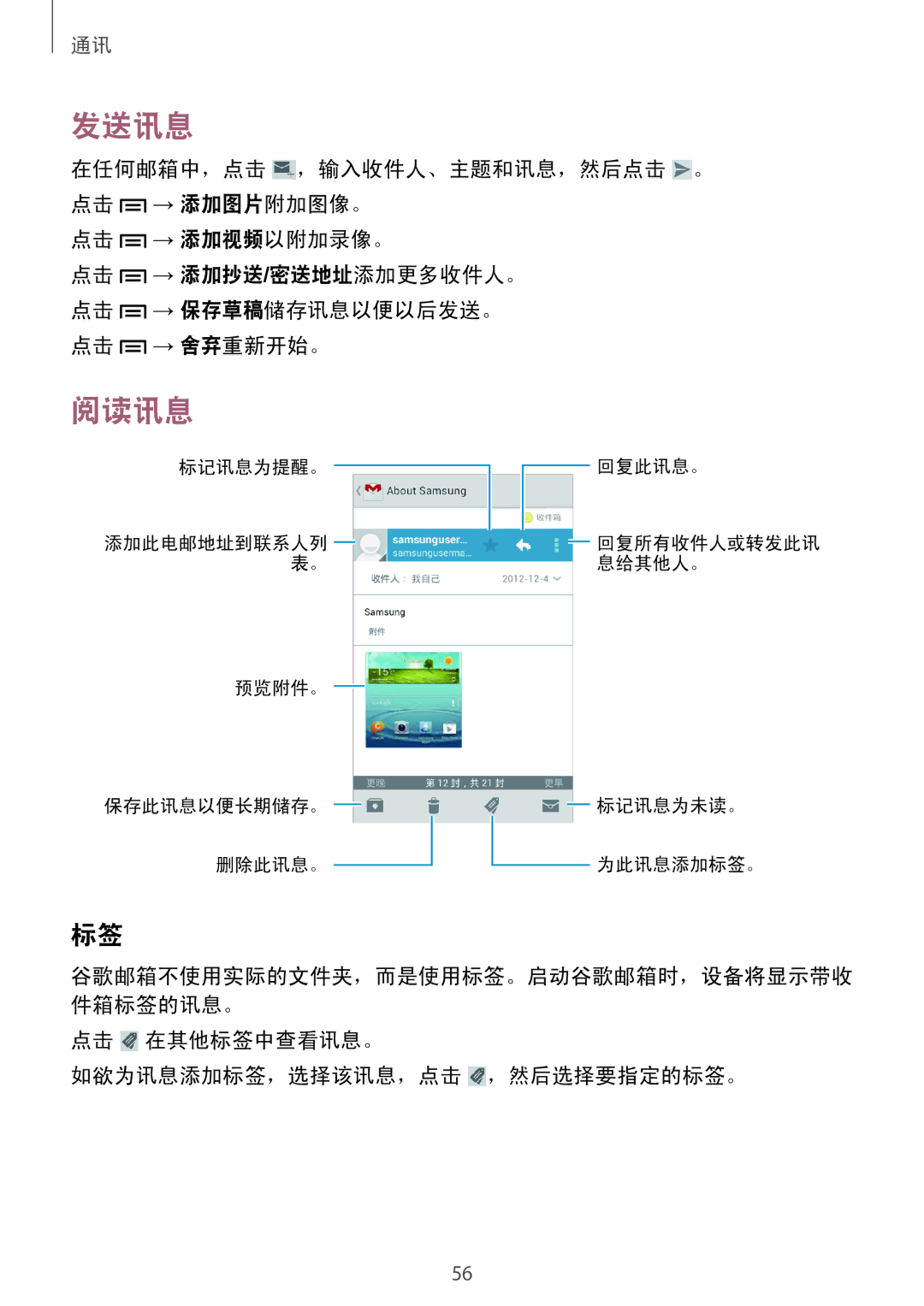 Samsung GT-I9082EWAXXV, GT-I9082MBAXXV manual 在任何邮箱中，点击 ，输入收件人、主题和讯息，然后点击 。 点击 → 添加图片附加图像。 点击 → 添加视频以附加录像。 