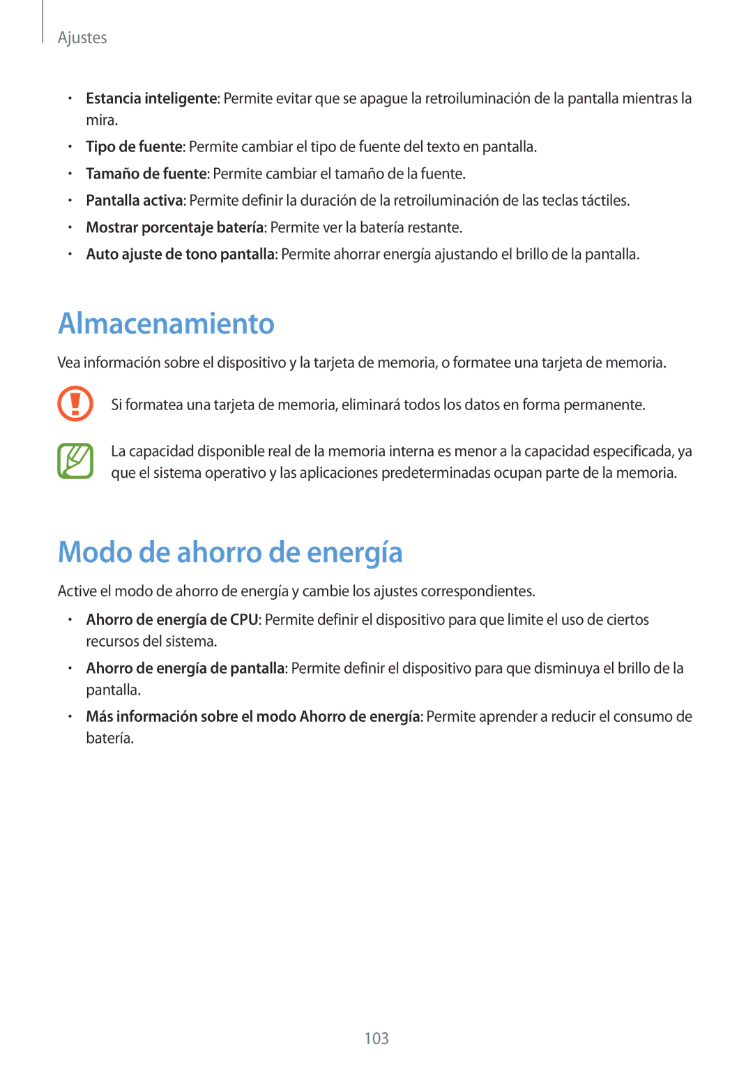 Samsung GT-I9082MBAMWD, GT-I9082MBABGL, GT-I9082EWAMWD, GT-I9082EWABGL manual Almacenamiento, Modo de ahorro de energía 