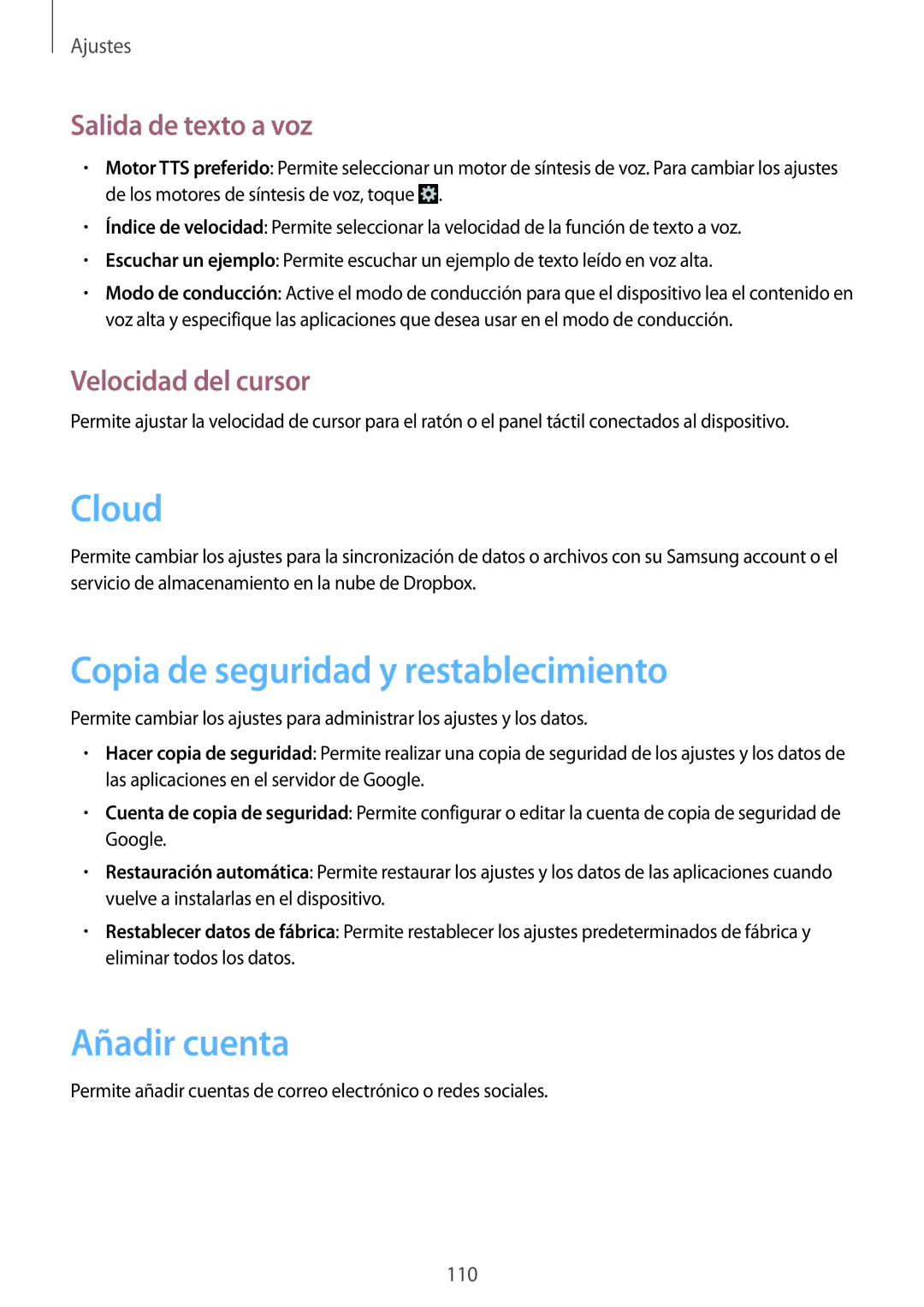 Samsung GT-I9082MBABGL, GT-I9082EWAMWD Cloud, Copia de seguridad y restablecimiento, Añadir cuenta, Salida de texto a voz 