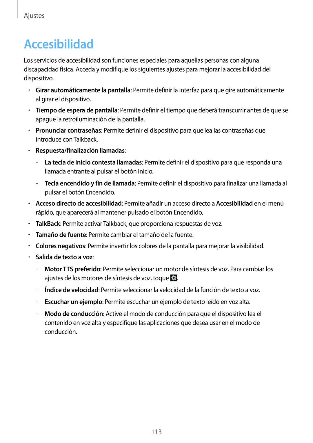 Samsung GT-I9082MBAMWD, GT-I9082MBABGL manual Accesibilidad, Respuesta/finalización llamadas, Salida de texto a voz 