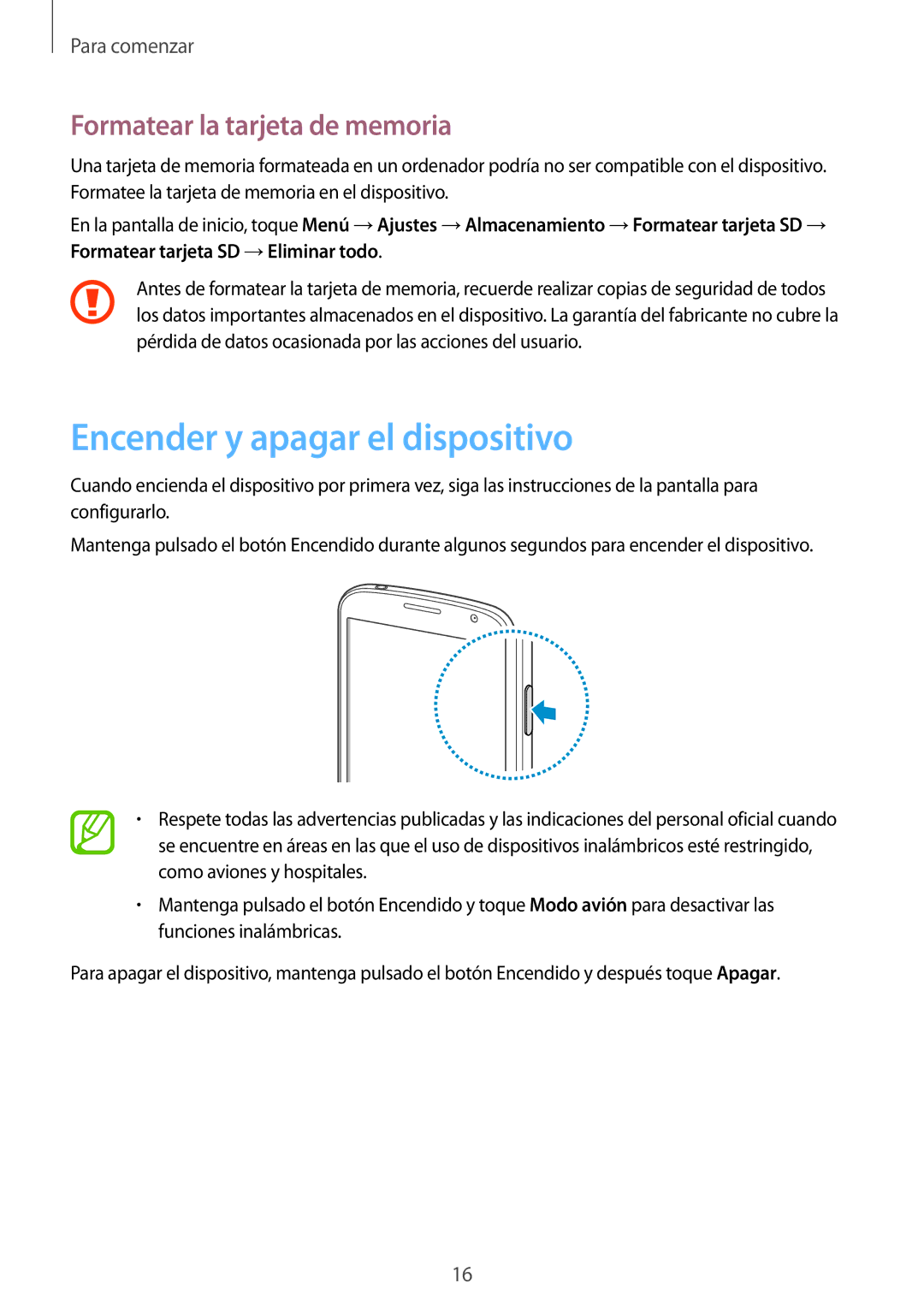 Samsung GT-I9082MBATPH, GT-I9082MBABGL, GT-I9082EWAMWD Encender y apagar el dispositivo, Formatear la tarjeta de memoria 