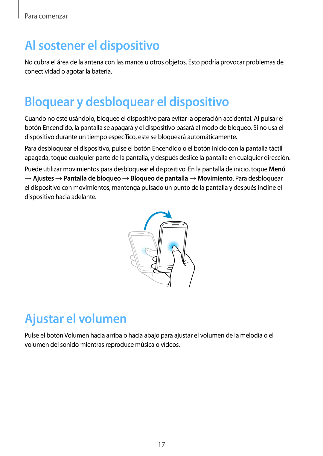 Samsung GT-I9082EWACOA manual Al sostener el dispositivo, Bloquear y desbloquear el dispositivo, Ajustar el volumen 