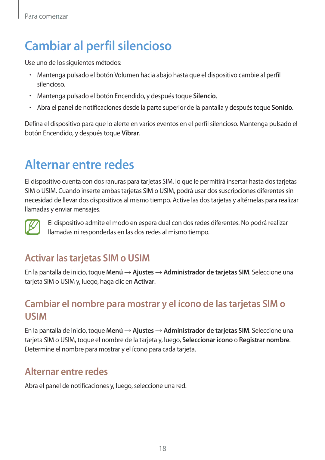 Samsung GT-I9082EWATPH, GT-I9082MBABGL Cambiar al perfil silencioso, Alternar entre redes, Activar las tarjetas SIM o Usim 