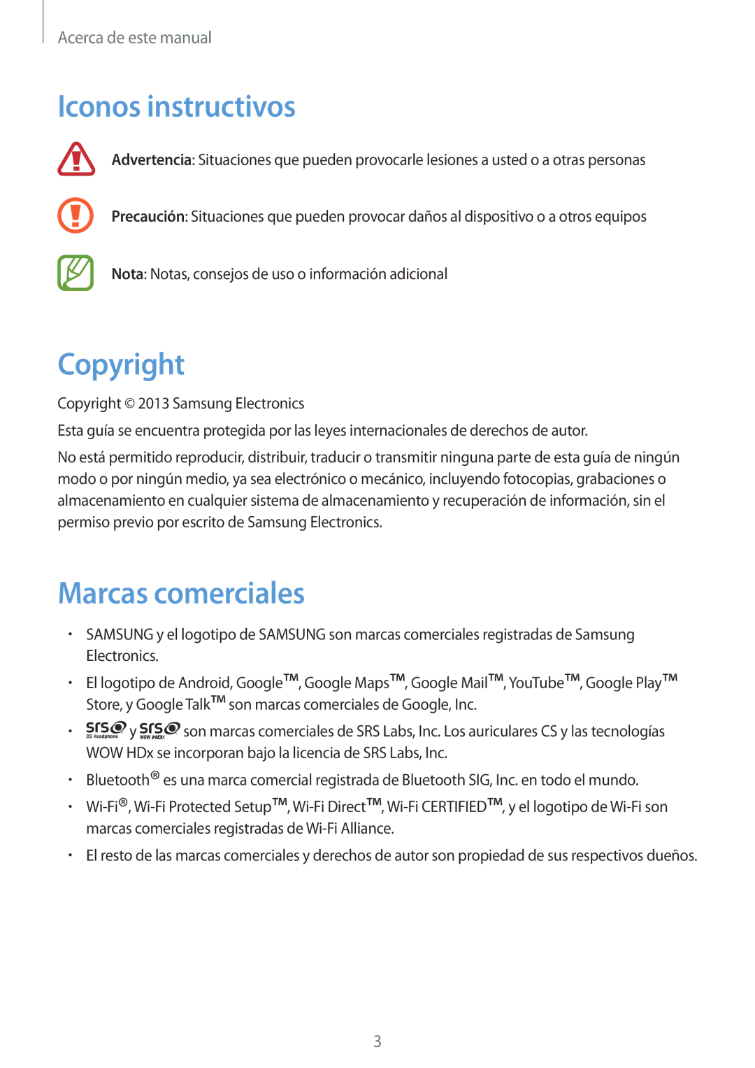 Samsung GT-I9082MBAMWD, GT-I9082MBABGL, GT-I9082EWAMWD, GT-I9082EWABGL Iconos instructivos, Copyright, Marcas comerciales 