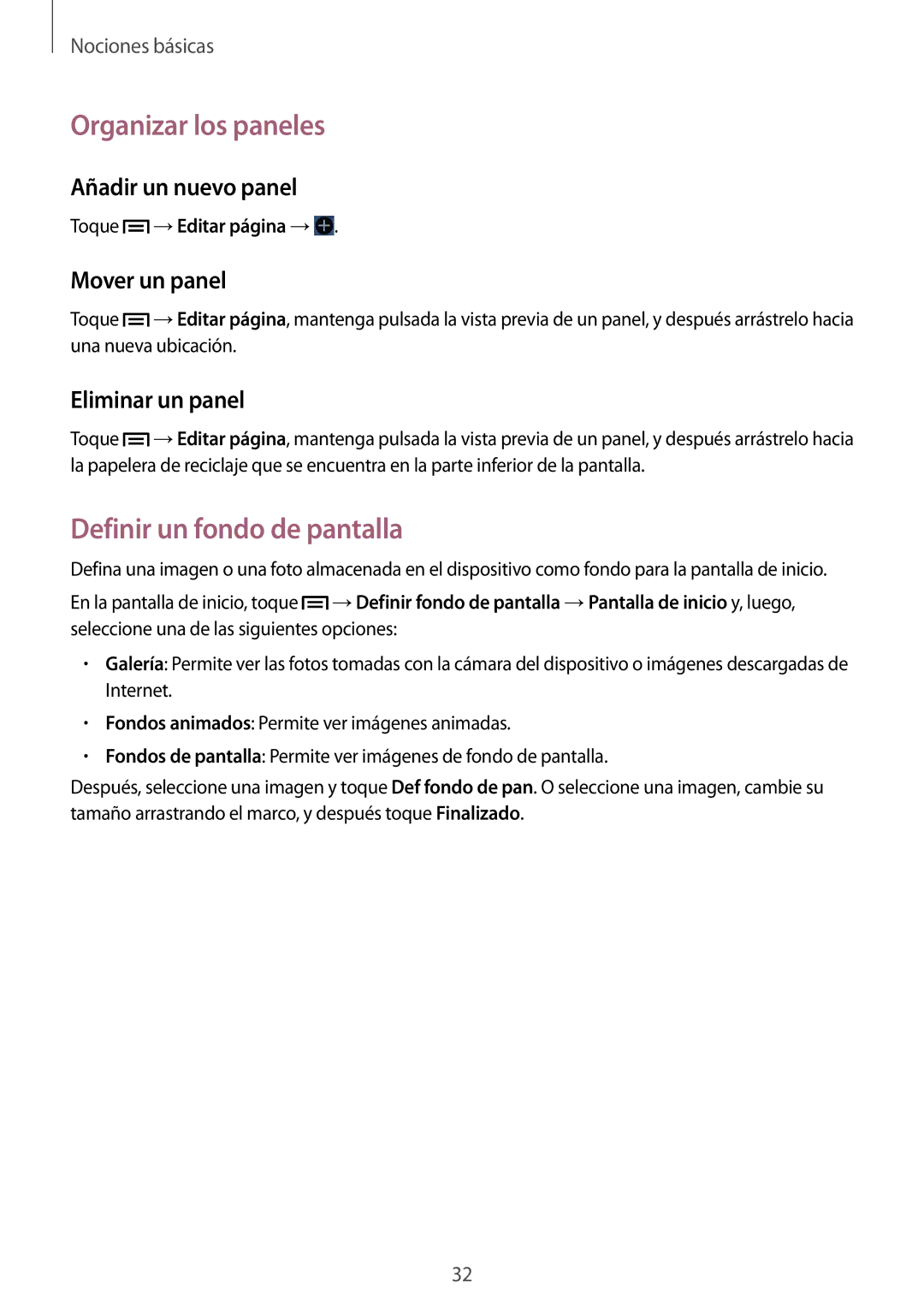 Samsung GT-I9082EWABGL manual Organizar los paneles, Definir un fondo de pantalla, Añadir un nuevo panel, Mover un panel 