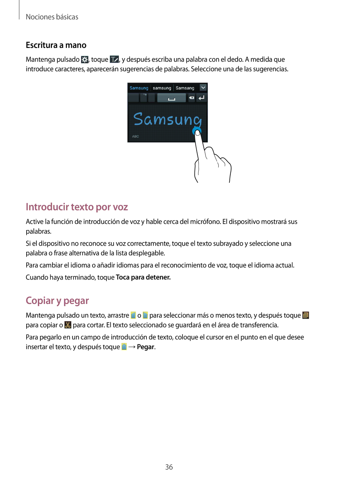Samsung GT-I9082MBATPH, GT-I9082MBABGL, GT-I9082EWAMWD manual Introducir texto por voz, Copiar y pegar, Escritura a mano 